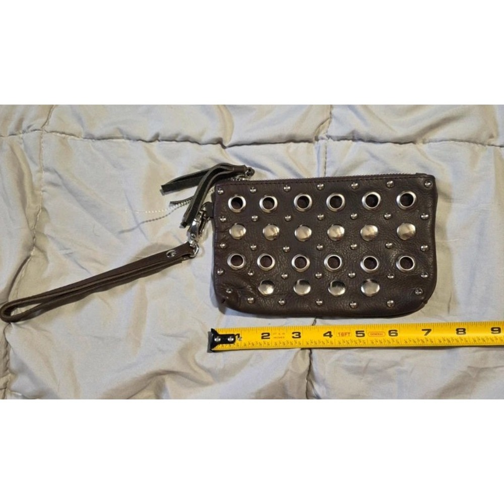 Dark Brown Studded Grommet Wristlet Clutch Bag Silver Hardware